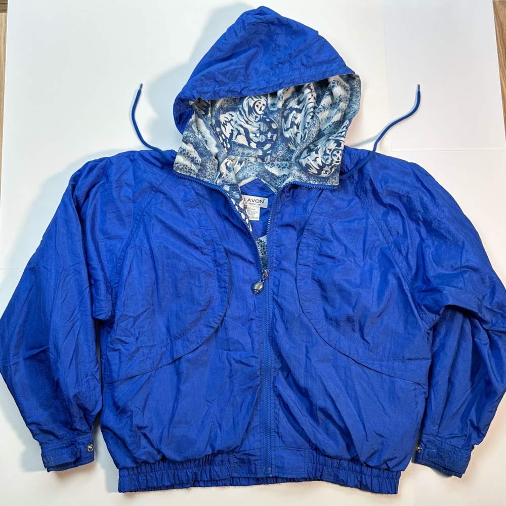 Vintage Blue Nylon Windbreaker Bomber Style Seashells Size M 90s Y2K